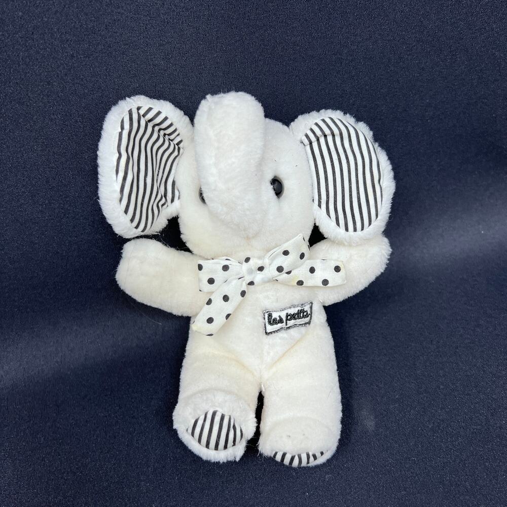 Les Petits Elephant Plush 6" Rattle Black White Stripe Polka Dot Lovey Applause‎